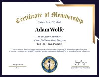 Certificate of Membership This is to certify that Adam Wolfe is an Active Member of The National Trial Lawyers Top 100 - Civil Plaintiff
